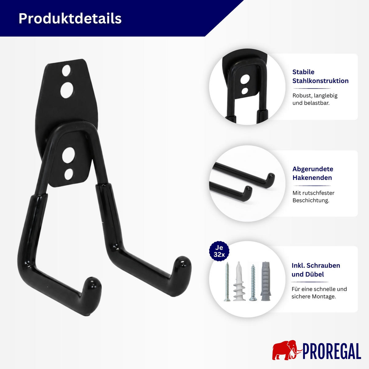 WANDHAKEN für Garage GRIT 18-teiliges Set Schwarz Gerätehaken Platzsparende Aufbewahrung - Schwarz, Metall (19/2.5/16cm) - PROREGAL