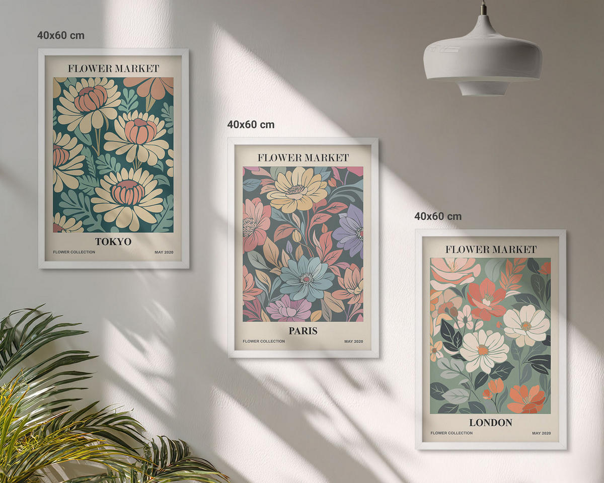 WANDBILDER 3er-Set - 40x60 cm Weißer Rahmen - Blumenposter Tokio Paris London - Weiß, Kunststoff (40/60cm) - ArtPrintCave
