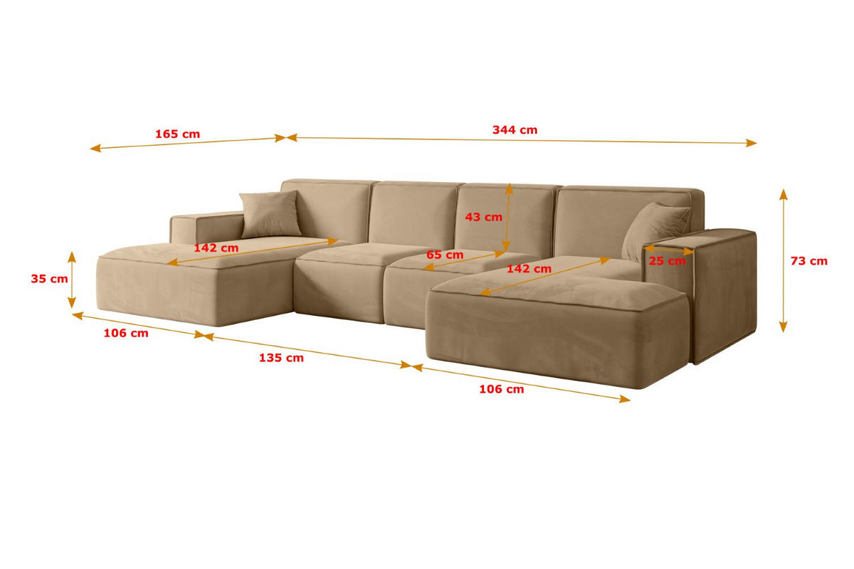 WOHNLANDSCHAFT SIERRA-U - 344x165x73 cm Beige Velours - Beige/Schwarz, Holzwerkstoff/Kunststoff (344/73/165cm) - ALTDECOR