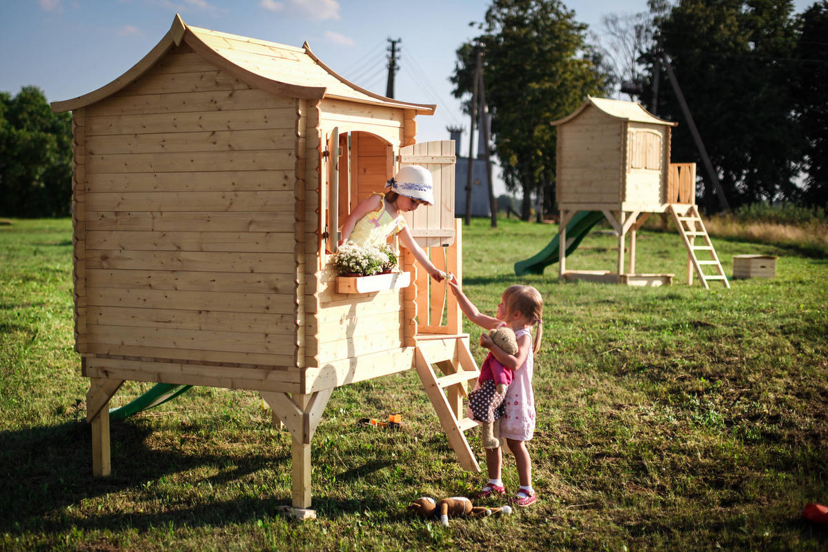 STELZENHAUS mit rutsche aus Holz - B175xL146xH212 cm/1,1m2 - M550A - Beige, Holz (146/212/112cm) - Timbela