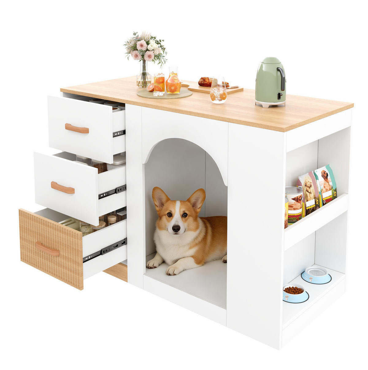 KÜCHENINSEL mit 3 Schubladen und Hundebereich 120 x 60 x 90 cm Weiß - Weiß, Holz (60/90/120cm) - Beauniv