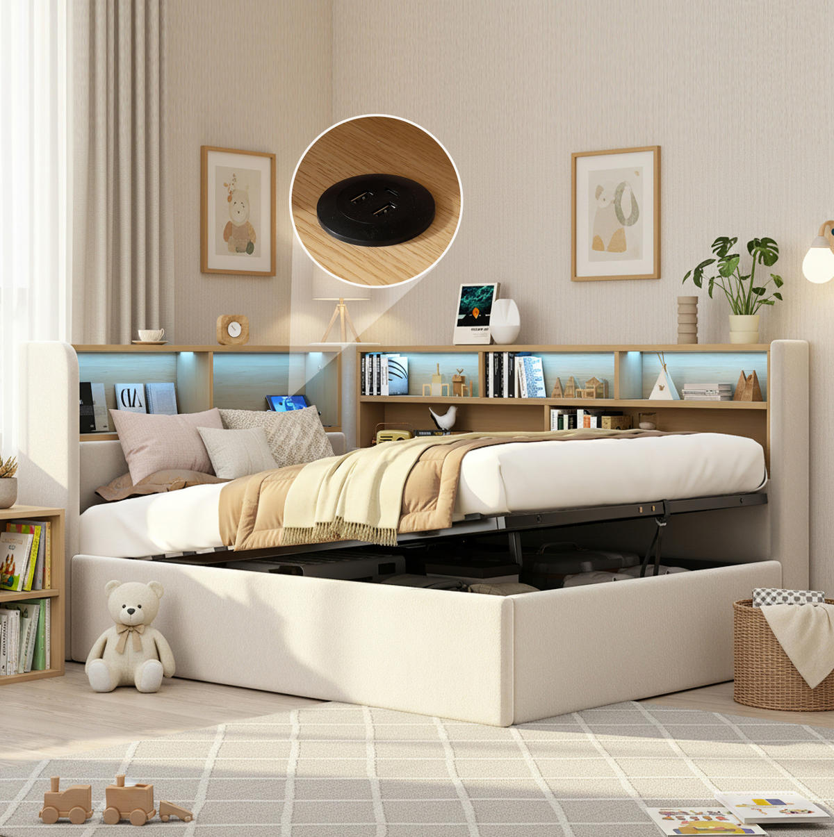 TAGESBETT 90/200 cm mit hydraulischem Stauraum, LED-Beleuchtung, USB- und Type-C-Anschluss, Samt, Beige - Beige, Textil (90/200cm) - Redom