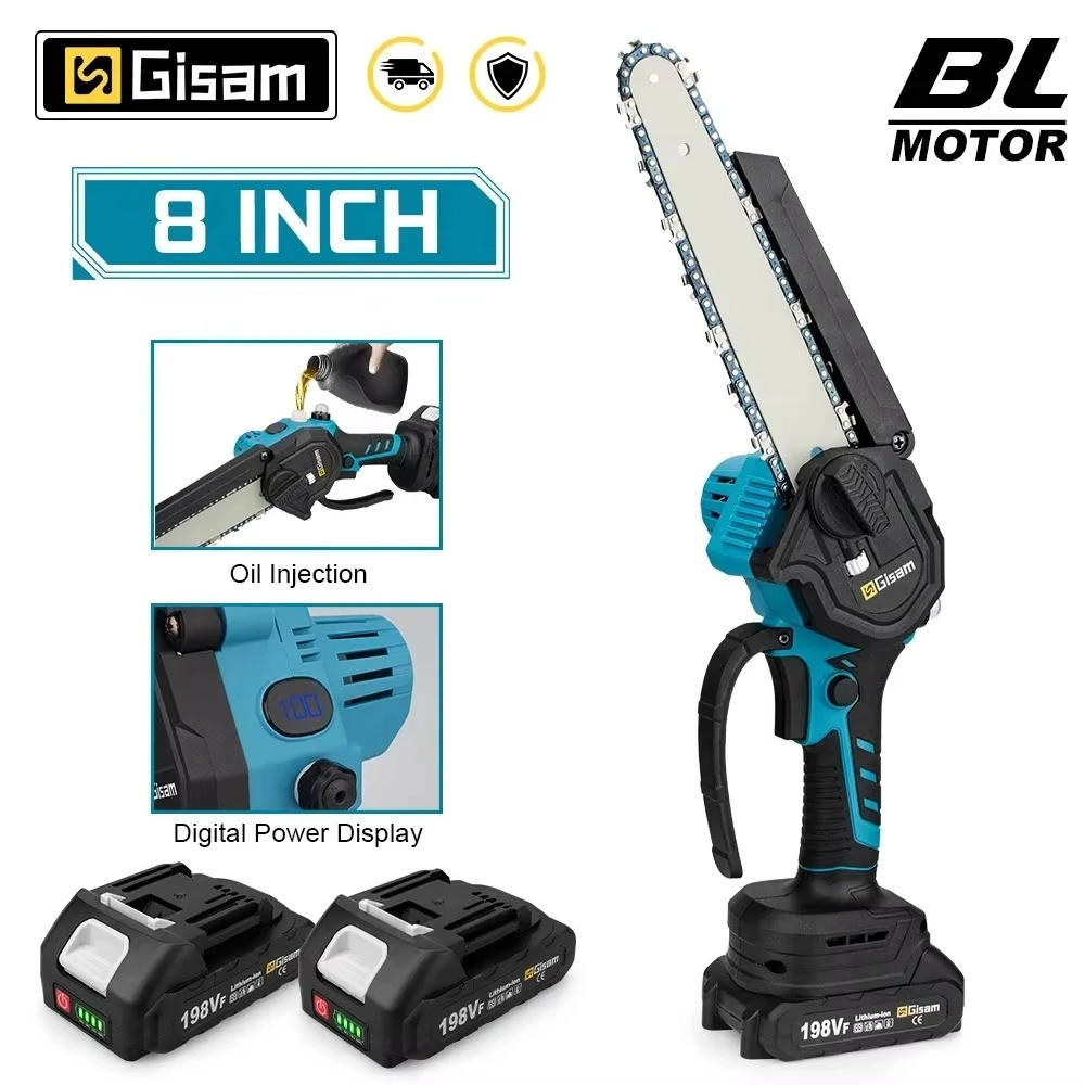 KETTENSÄGE 8 Zoll Bürstenlos Blau für Garten Holzbearbeitung, Mit 2 Akkus - Blau, Metall (15/7/40cm) - Coonoor