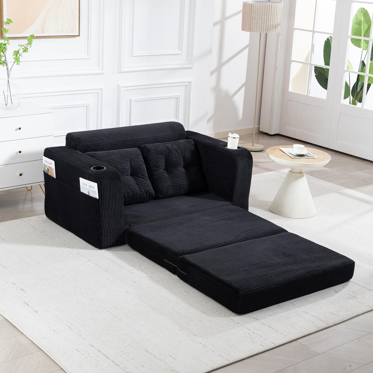SCHLAFSOFA in Schwarz Cord mit Getränkehalter und Seitentaschen - Schwarz, Textil (136/82.5/80cm) - Oxeza