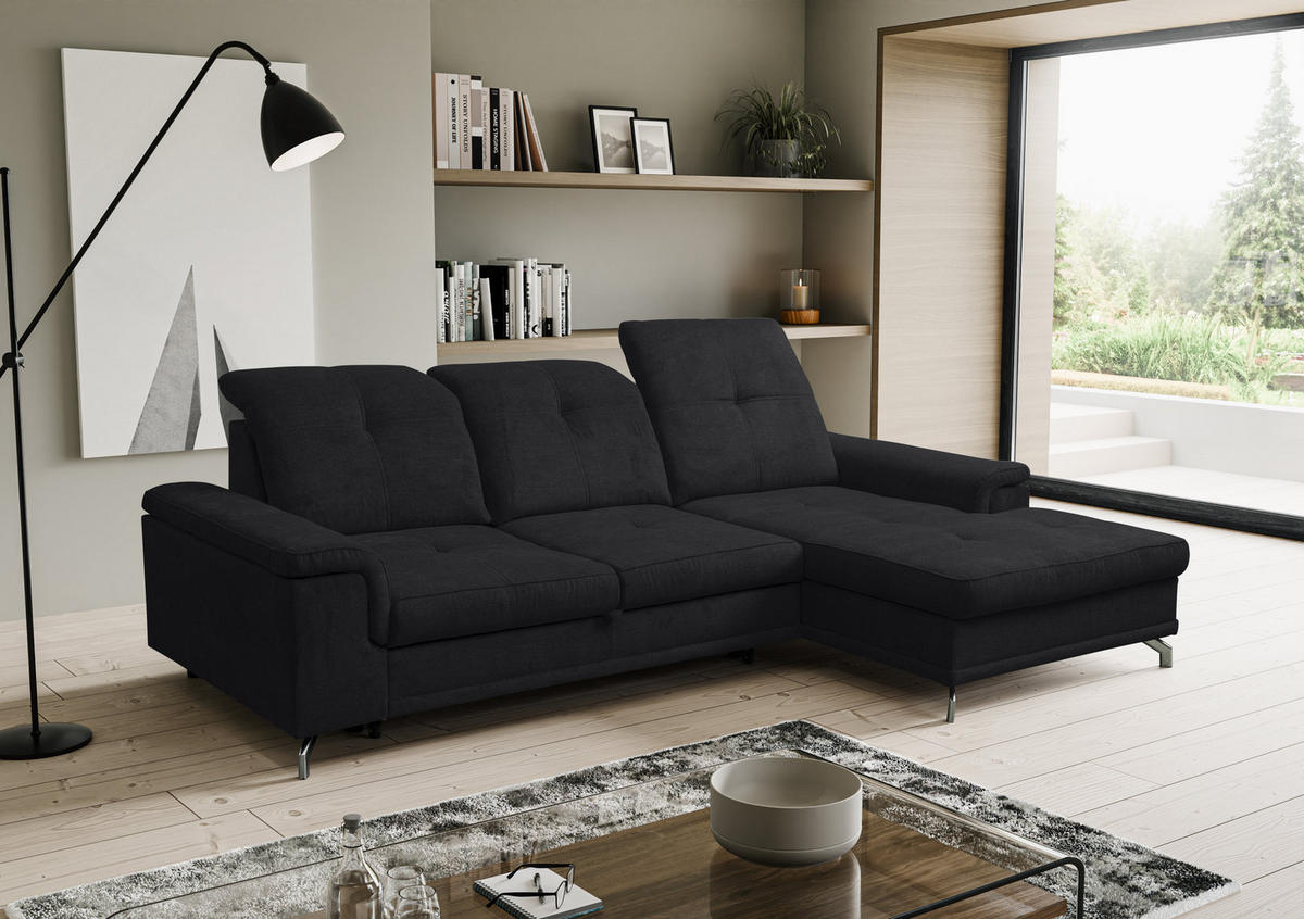 ECKSOFA PANAMA mit Schlaffunktion und Bettkasten, Farbe: Schwarz, Velourstoff, Ottomane Rechts - Schwarz, Textil (270/180cm) - VENASI MÖBEL