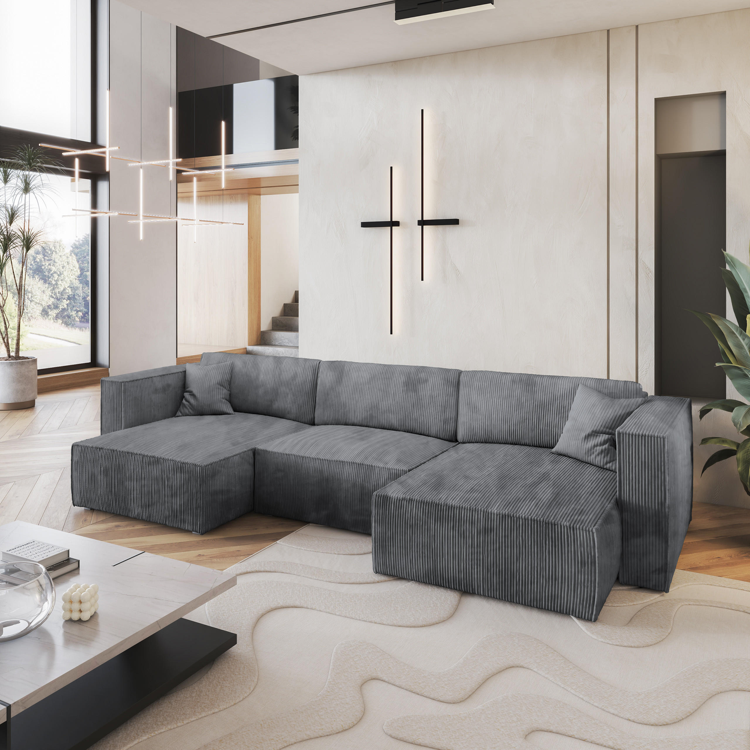 WOHNLANDSCHAFT SARMO P Grau Kordstoff mit Schlaffunktion - Grau, Holz (347/70/148cm) - MASSENO