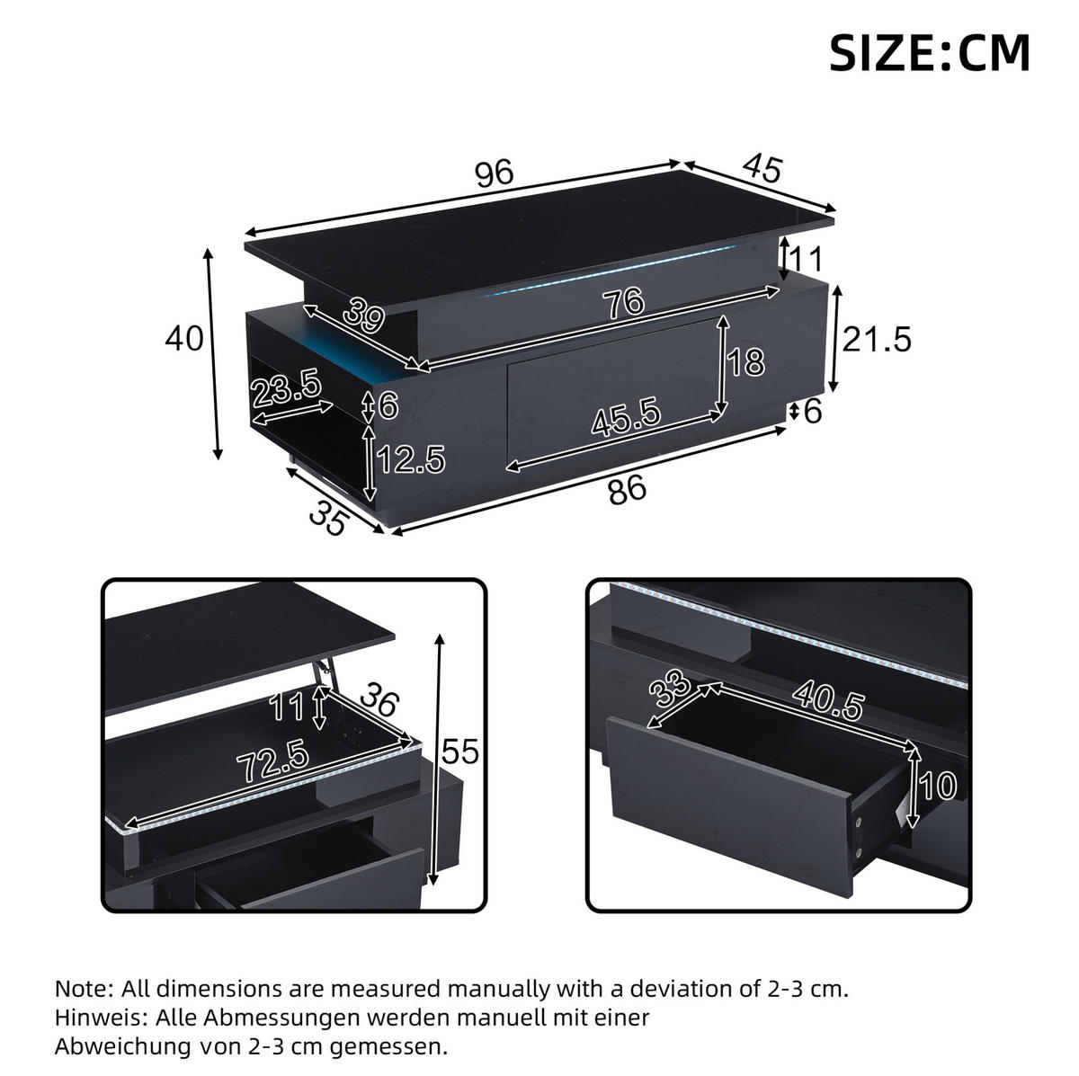 KONFERENČNÍ stolek z dřevotřísky 96x45x40 cm černý s LED osvětlením, výklopnou deskou a úložným prostorem - černá, kompozitní dřevo (96/45/40cm) - Modfu