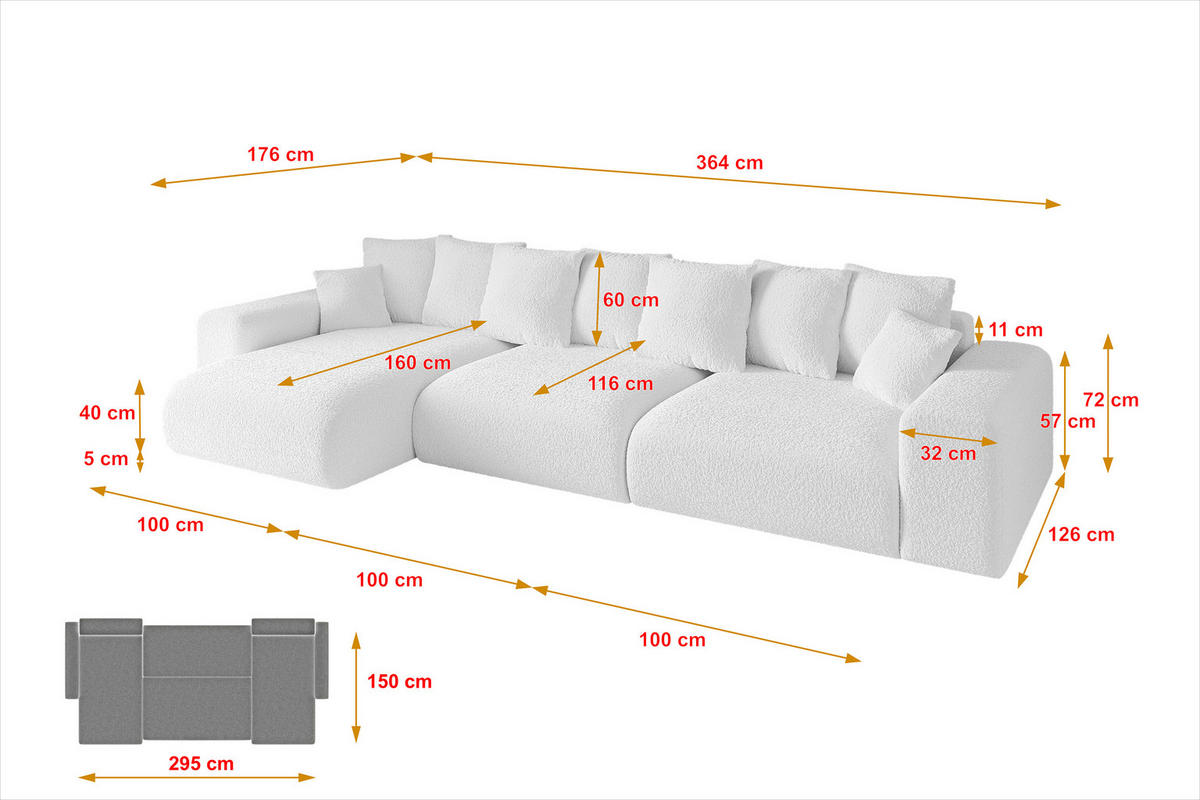 ECKSOFA Ottomane links ESKAR-L2 364x176x72 Weiß Bouclé - Schwarz/Weiß, Holzwerkstoff/Kunststoff (364/176cm) - ALTDECOR