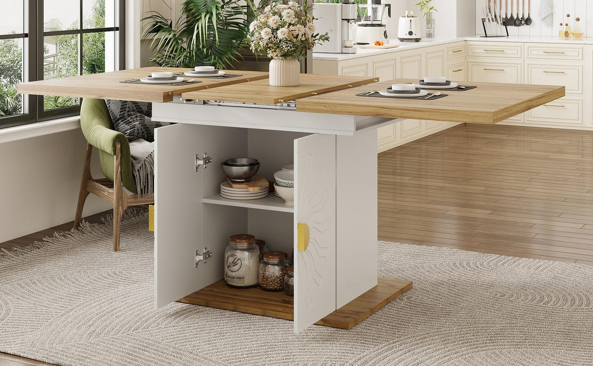 JÍDELNÍ stůl 110(140)/70/76 cm s rozkládací deskou a úložnými policemi, MDF, Bílá - bílá, kompozitní dřevo (76/70/110cm) - Redom