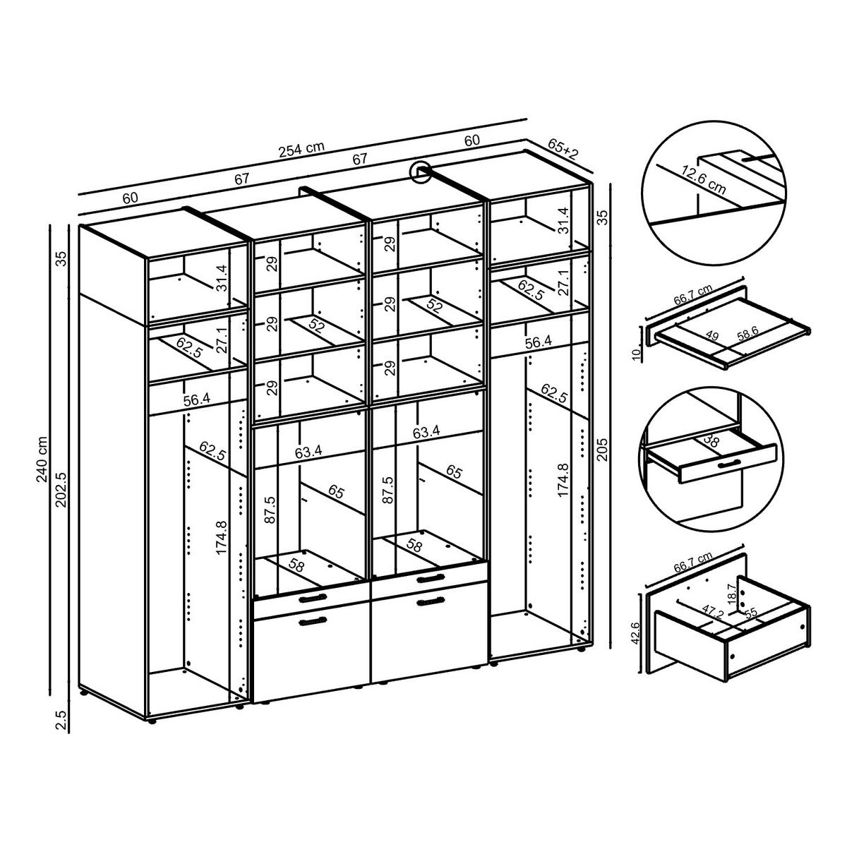 WASCHMASCHINENSCHRANK Serie 2 254cm Breit, 240cm Hoch - Schwarz, Holzwerkstoff (254/240/67cm)