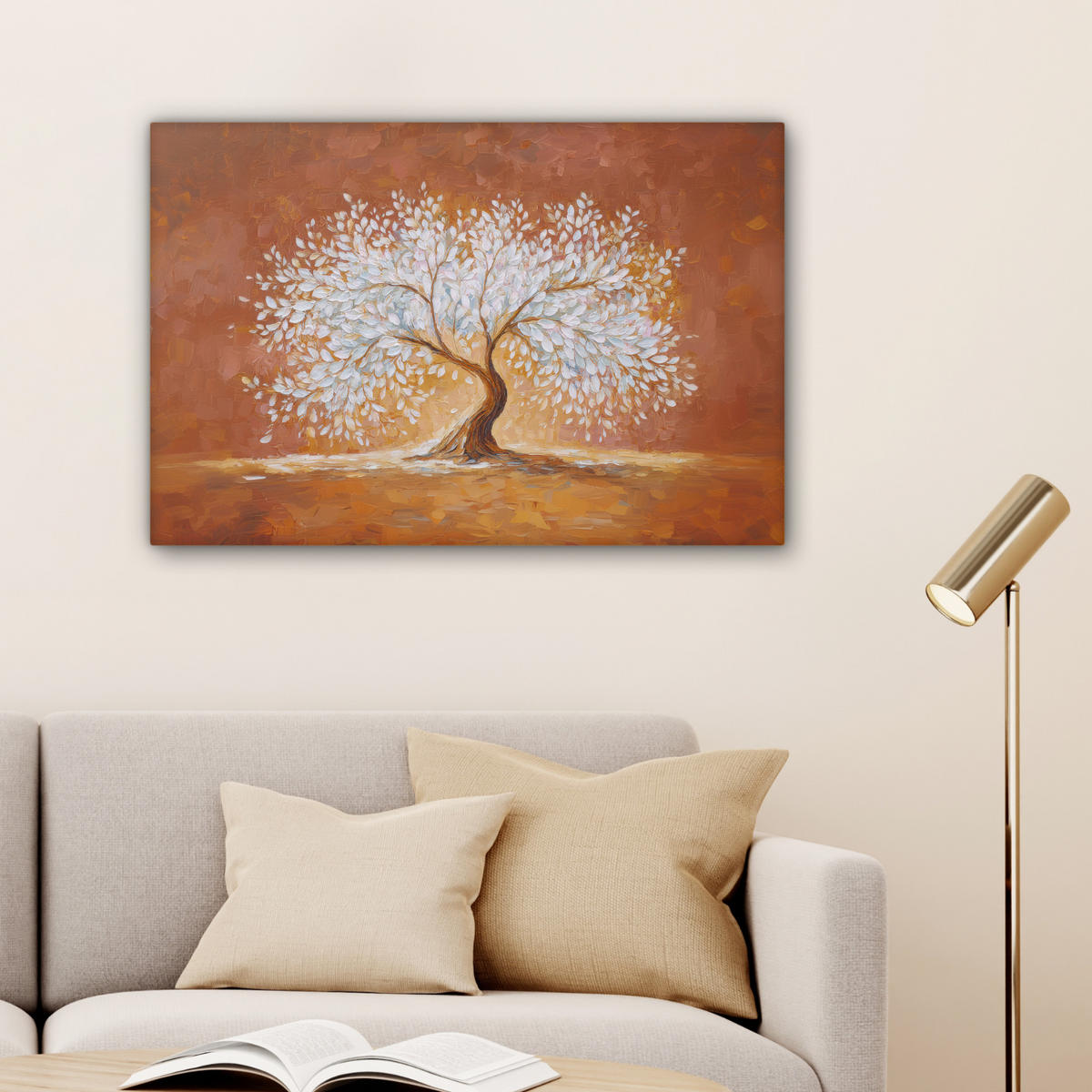 LEINWANDBILD Abstrakt - Baum - Weiß - Blätter Wanddeko 90x60 cm - Braun, Textil (90/60cm) - MuchoWow