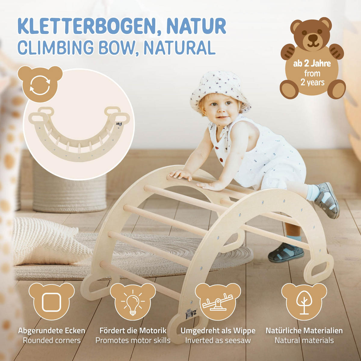 KINDER-KLETTERGERÜST - Braun, Holz (52/45.5/89cm) - Joyz