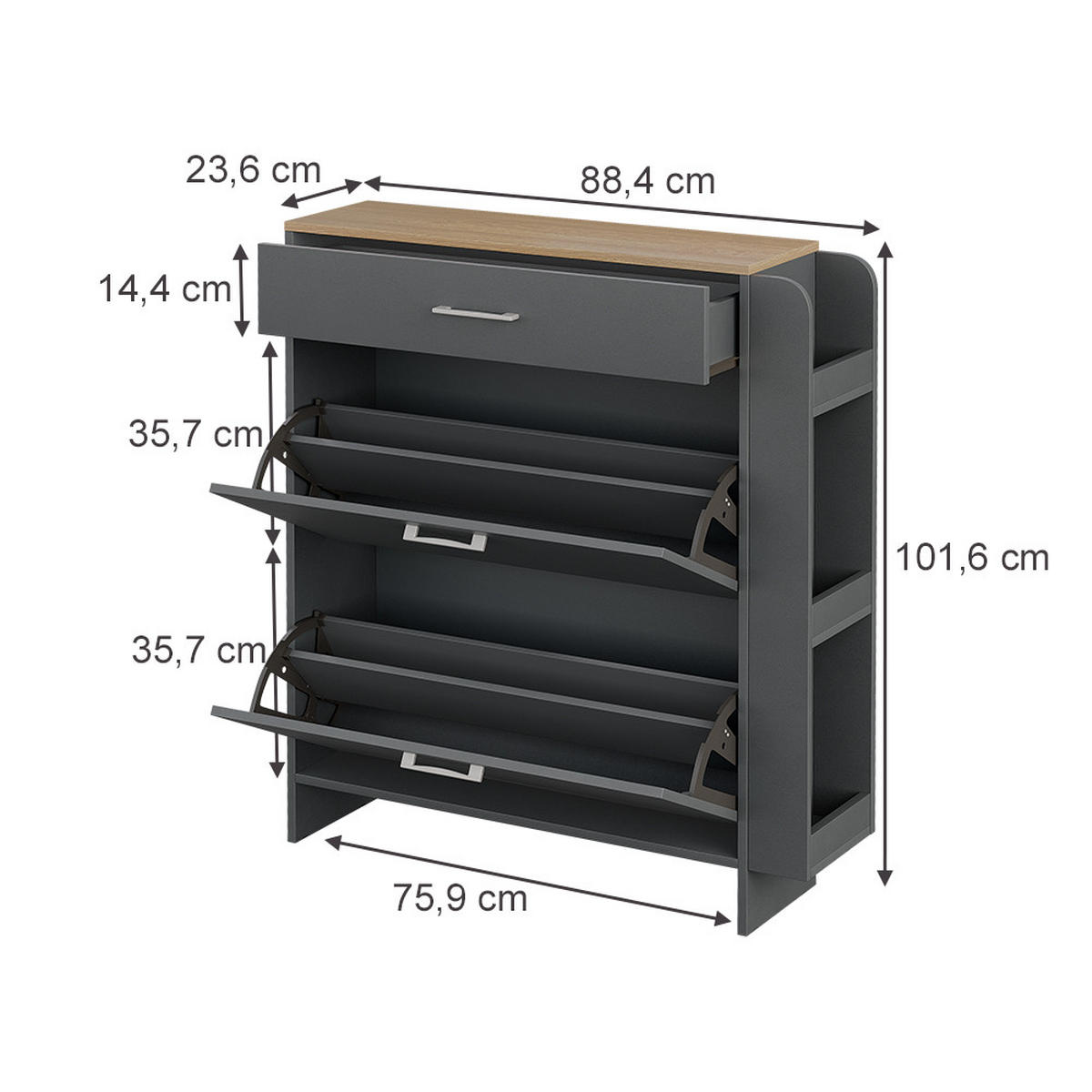 SCHUHSCHRANK Movino Anthrazit/Eiche 88.4 x 101.6 cm mit offenen und geschlossenen Fächern - Eichefarben/Anthrazit, Holzwerkstoff (88.4/101.6/23.6cm) - Vicco