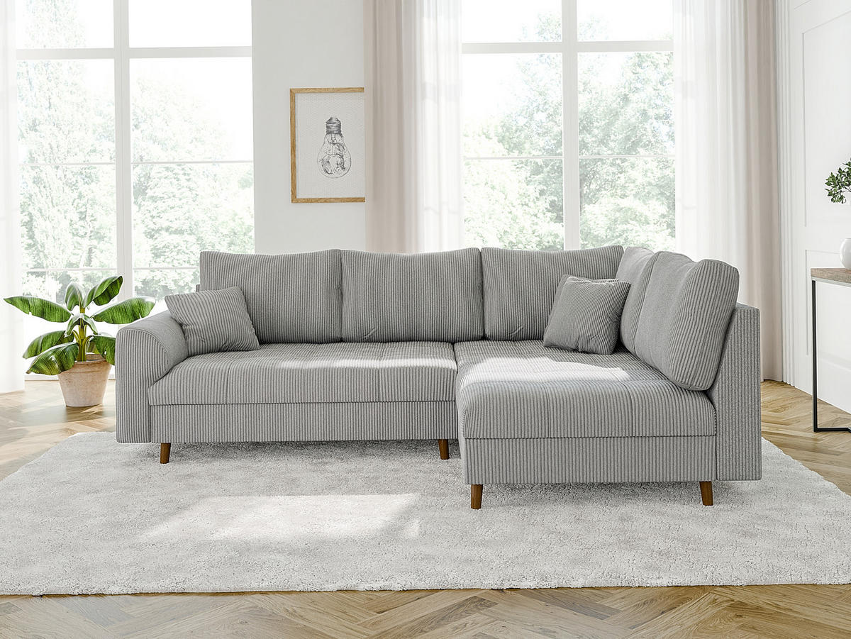 ECKSOFA inkl. Hocker Alma Hellgrau Cord - Ottomane rechts - Hellgrau/Braun, Holz/Textil (231/161cm) - S-Style Möbel