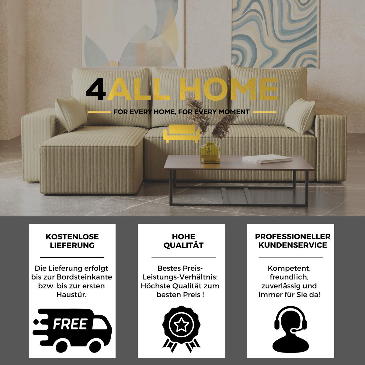 ECKSOFA Tobi mit Bettkasten und Schlaffunktion, L-Form/XL-Form, Cordstoff, Universal - Creme, Holzwerkstoff (246/145cm) - 4ALL HOME
