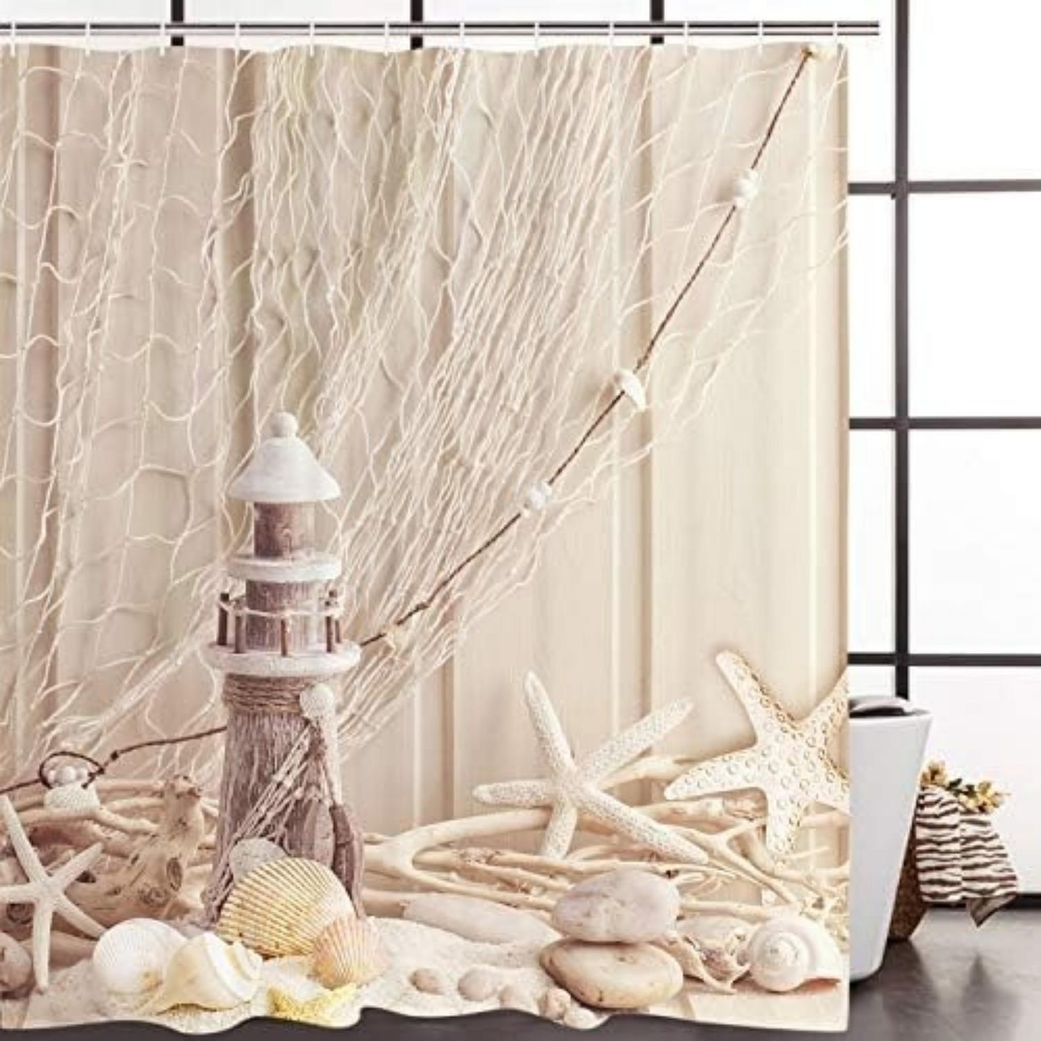 DUSCHVORHANG Beige Stoff Muster Muscheln mit Schlaufen - Multicolor, Textil (180/120cm) - MCBOSON
