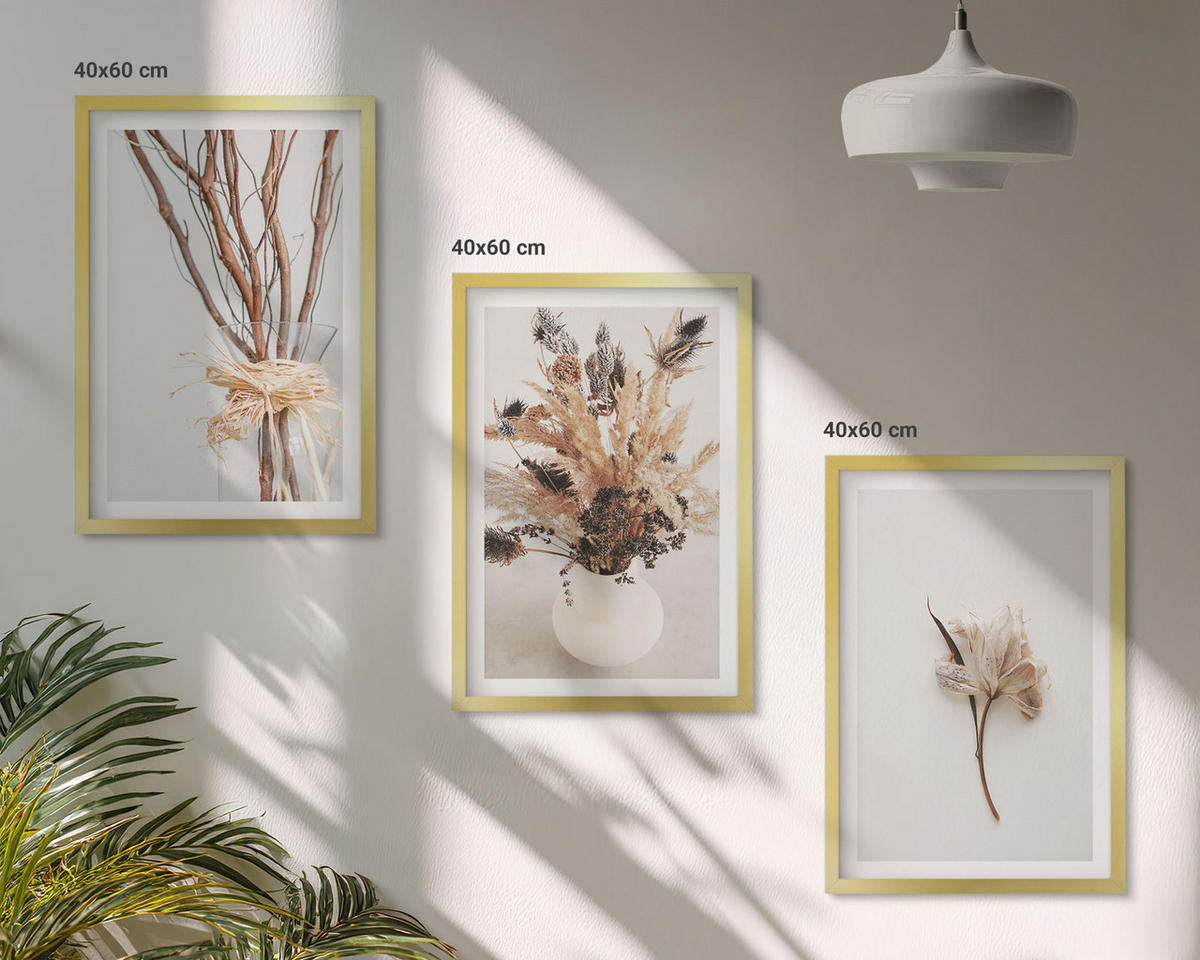 WANDBILDER 3er Set - 40x60 cm Goldrahmen - Blumenzweige minimalistisch - Goldfarben, Kunststoff (40/60cm) - ArtPrintCave