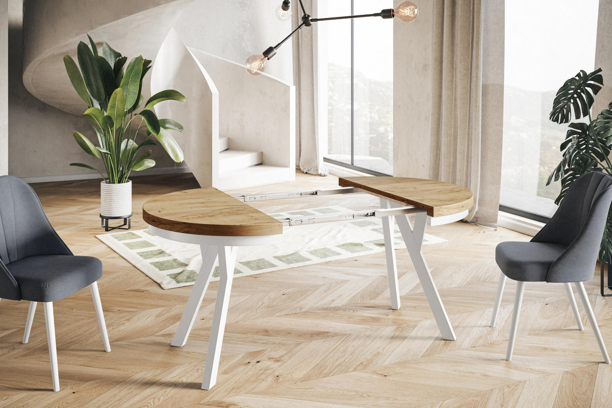 ESSZIMMERTISCH EVO, ausziehbarer Tisch 90 cm bis 190 cm, Farbe: CRAFT, mit Holzbeinen in Farbe Weiß - Weiß/Braun, Holzwerkstoff (90/90/77cm) - Alpi-Möbel