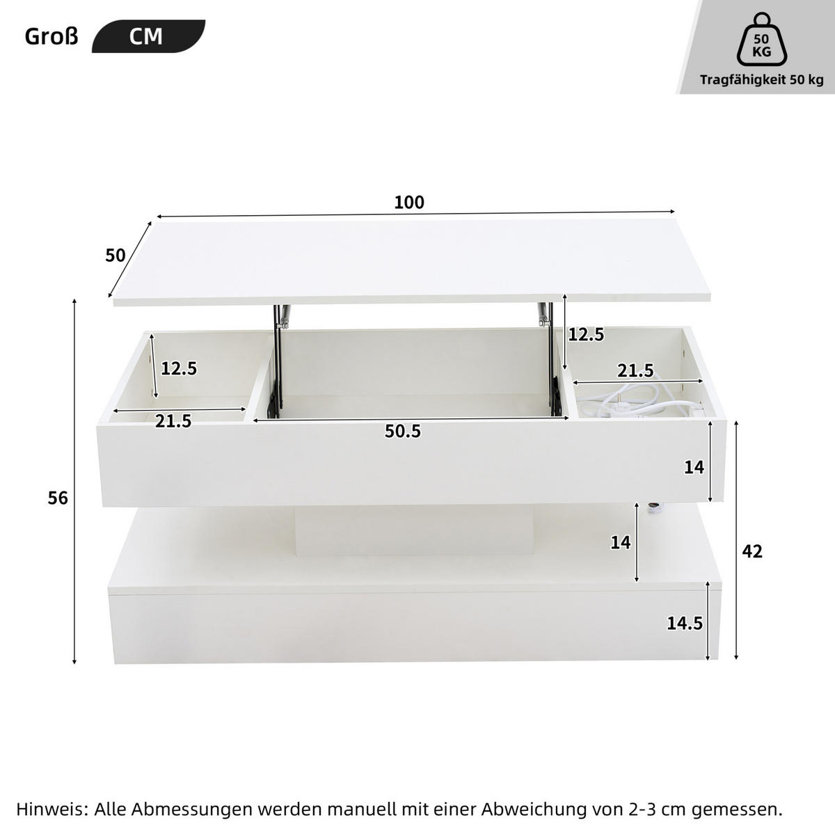 COUCHTISCH aus Spanplatte 100x50x42 cm Weiß mit LED-Beleuchtung, Hubplatte, Stauraum und Steckdosen - Weiß, Holzwerkstoff (100/50/42cm) - IVMEU