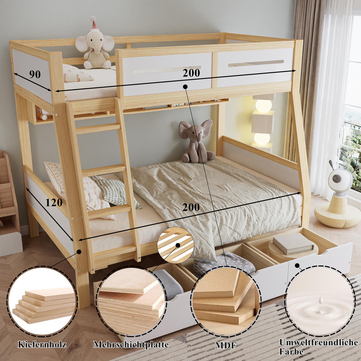 ETAGENBETT 90/120x200 cm Schubladen Regal - Weiß, Holz (90/200cm) - LEBENLANG