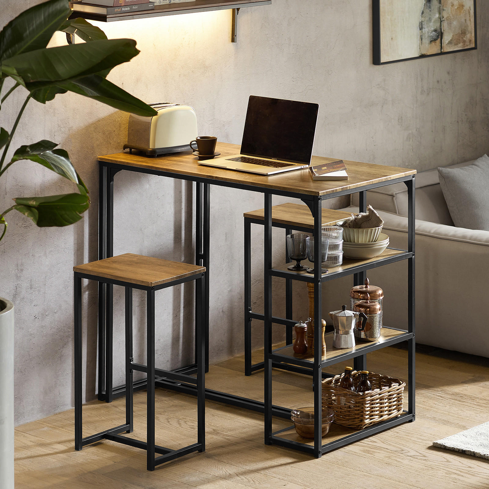 BARTISCH + 2 x BARSTÜHLE - Braun, Holzwerkstoff/Metall (110/97/61cm) - SoBuy