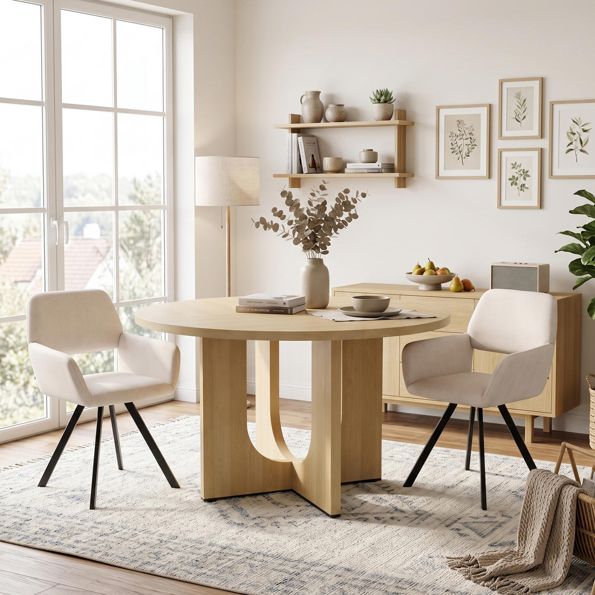 ESSGRUPPE 1+2 Runder Tisch Ø120cm Eiche & 2 beige Drehstühle - Eichefarben, Holzwerkstoff (120/75/120cm) - Urban Meuble
