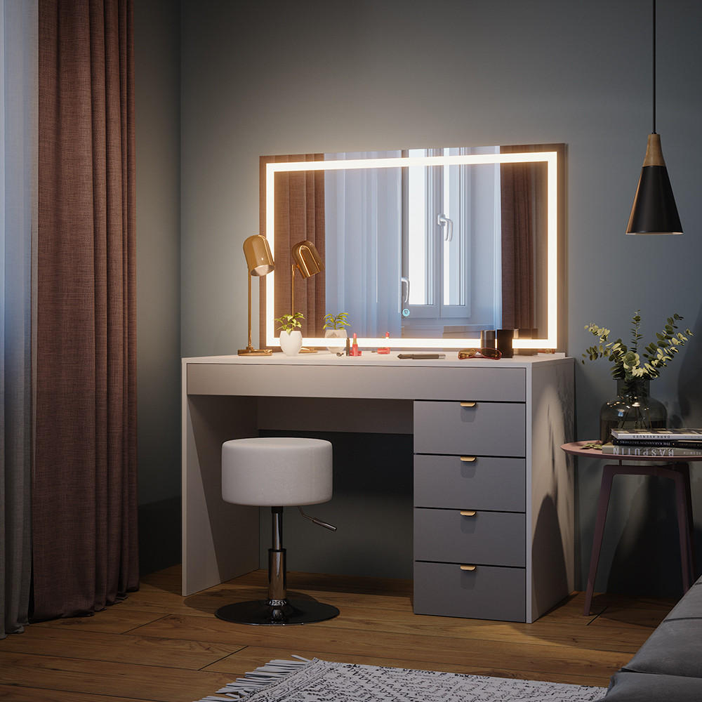SCHMINKTISCH Elise Weiß/Grau/Grau 115 cm mit LED-Spiegel & Hocker - Weiß/Grau, Holzwerkstoff (115/76/55cm) - Vicco
