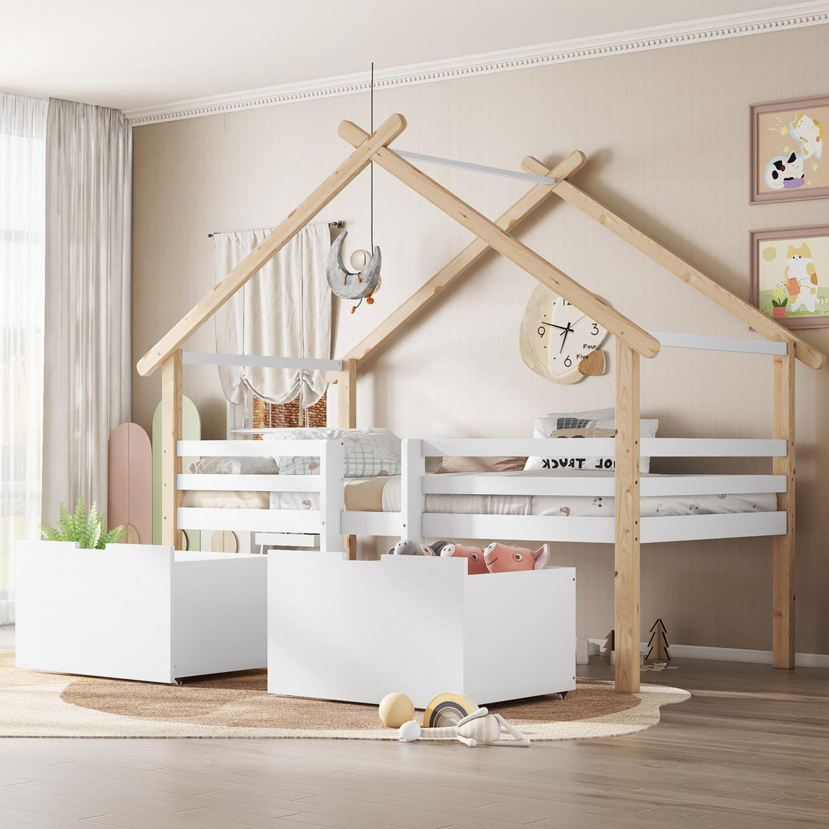 HAUSBETT 90/200 cm in Weiß/Natur – halbhoch mit Dach, Treppe und 2 Schließfächern - Weiß, Holzwerkstoff (90/200cm) - BEAOK
