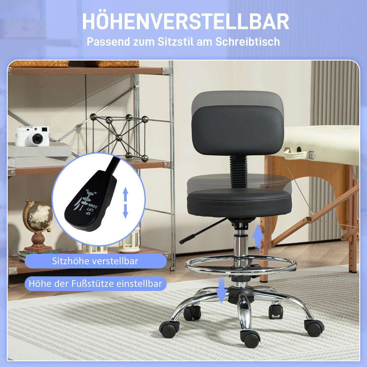 BÜROSTUHL Ergonomischer Zeichenstuhl, Höhenverstellbar Computerstuhl mit Fußring - Schwarz, Kunststoff (52/92/52cm) - HOMCOM