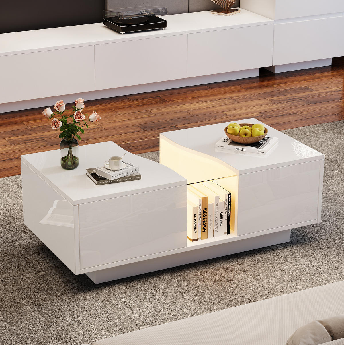 COUCHTISCH aus MDF 100x50x35 cm Weiß Hochglanz mit LED-Beleuchtung, 2 Schubladen und Acrylplatte - Weiß, Holzwerkstoff (100/50/35cm) - IVMEU