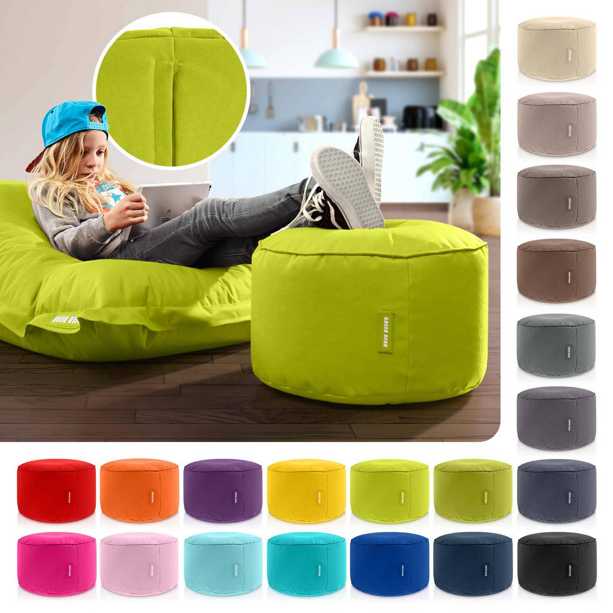 SITZSACK-HOCKER Pouf "Stay" 45x25cm - Hellgrün, Textil (45/25/45cm) - Green Bean