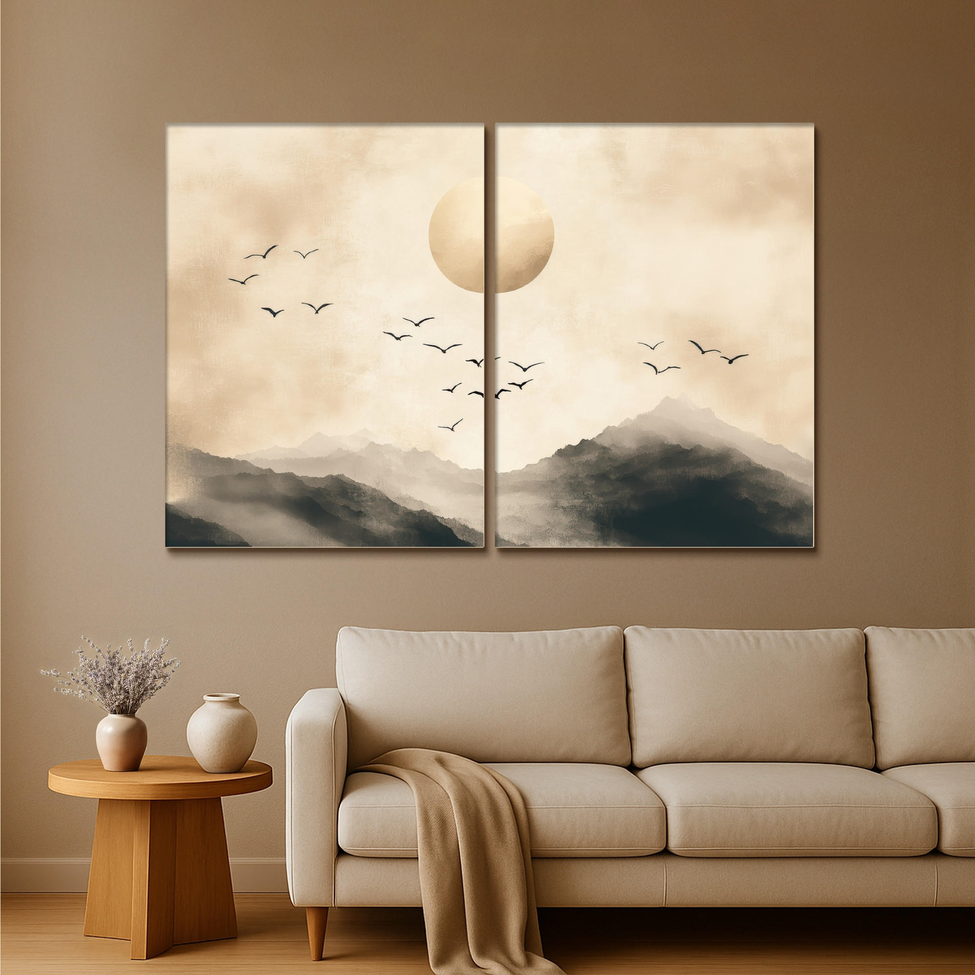 LEINWANDBILD 2er Set Landschaft - Japandi - Beige - Vögel 180x120 cm - Beige, Textil (180/120cm) - MuchoWow