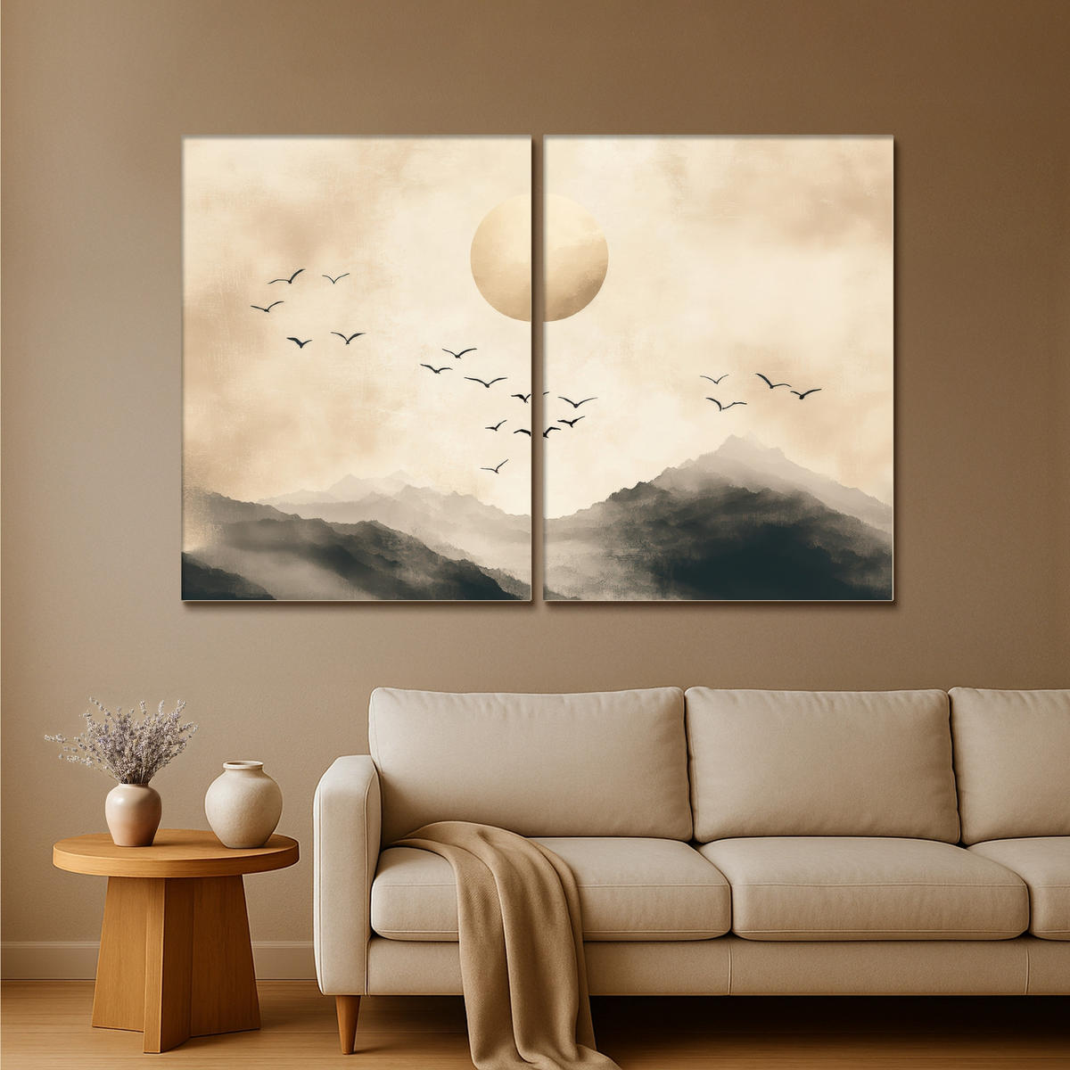 LEINWANDBILD 2er Set Landschaft - Japandi - Beige - Vögel 180x120 cm - Beige, Textil (180/120cm) - MuchoWow