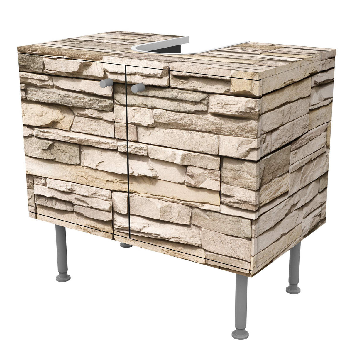 WASCHBECKENUNTERSCHRANK Asian Stonewall - Steinmauer aus großen hellen Steinen 60/55/35 cm - Beige, Holzwerkstoff (60/55/35cm) - Bilderwelten