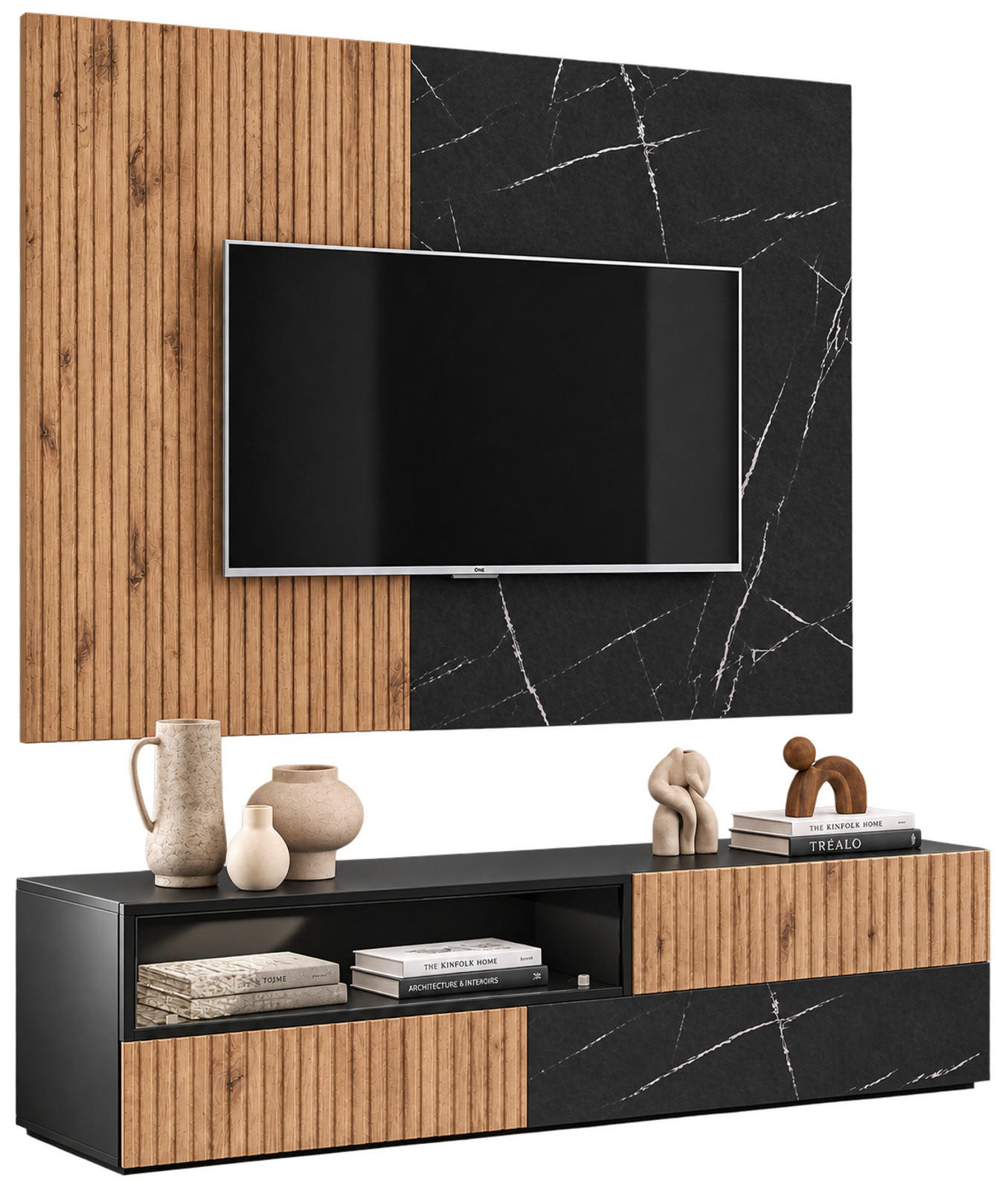 TV-LOWBOARD Eiche, Marmor schwarz 160 cm, TV Unterschrank Set mit Wandpaneel und Push-to-Open - Eichefarben/Schwarz, Holzwerkstoff/Kunststoff (160/180/45cm) - Inn.Furn