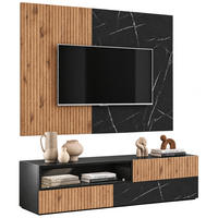 TV-LOWBOARD Eiche, Marmor schwarz 160 cm, TV Unterschrank Set mit Wandpaneel und Push-to-Open - Eichefarben/Schwarz, Holzwerkstoff/Kunststoff (160/180/45cm) - Inn.Furn