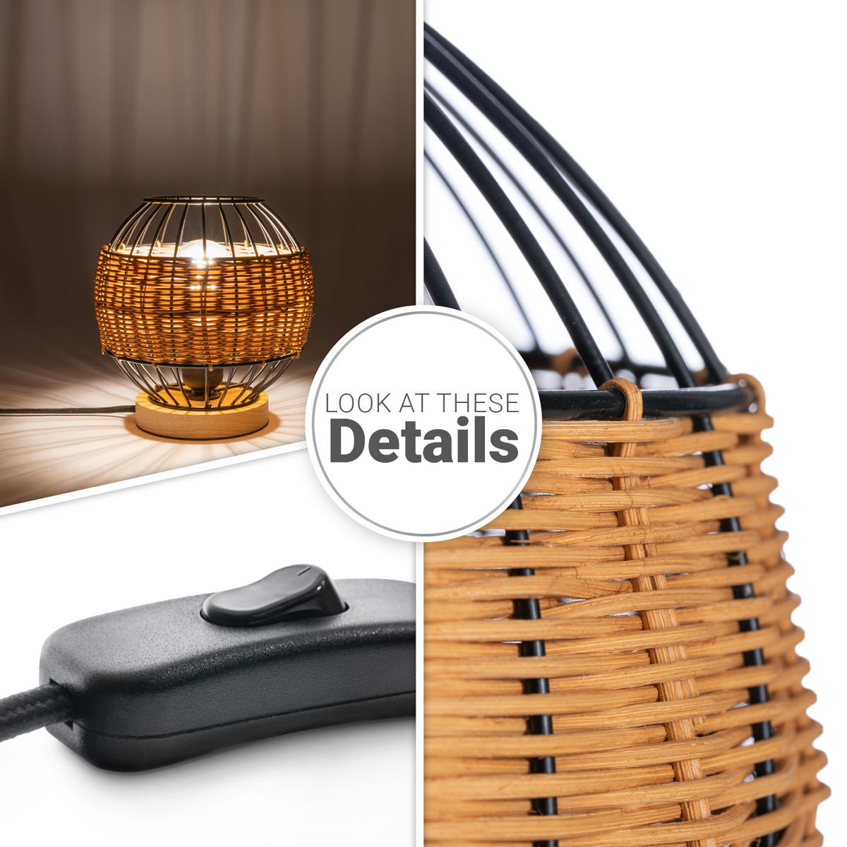 TISCHLAMPE Puglo - Schwarz/Naturfarben, Metall (20/20/21cm) - Paco Home