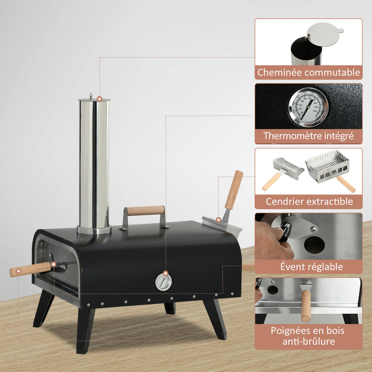 PIZZAOFEN DE-13768 tragbar mit Klappbeinen und Thermometer - Schwarz, Metall (40/72/81cm) - ComfortXL