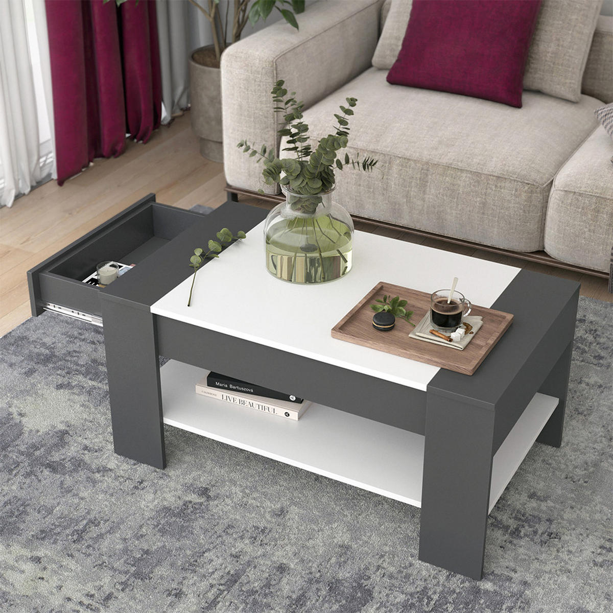 COUCHTISCH August Anthrazit/Weiß 99.6 x 58.8 cm mit Schublade - Anthrazit/Weiß, Holzwerkstoff (58.8/99.6/48.2cm) - Vicco