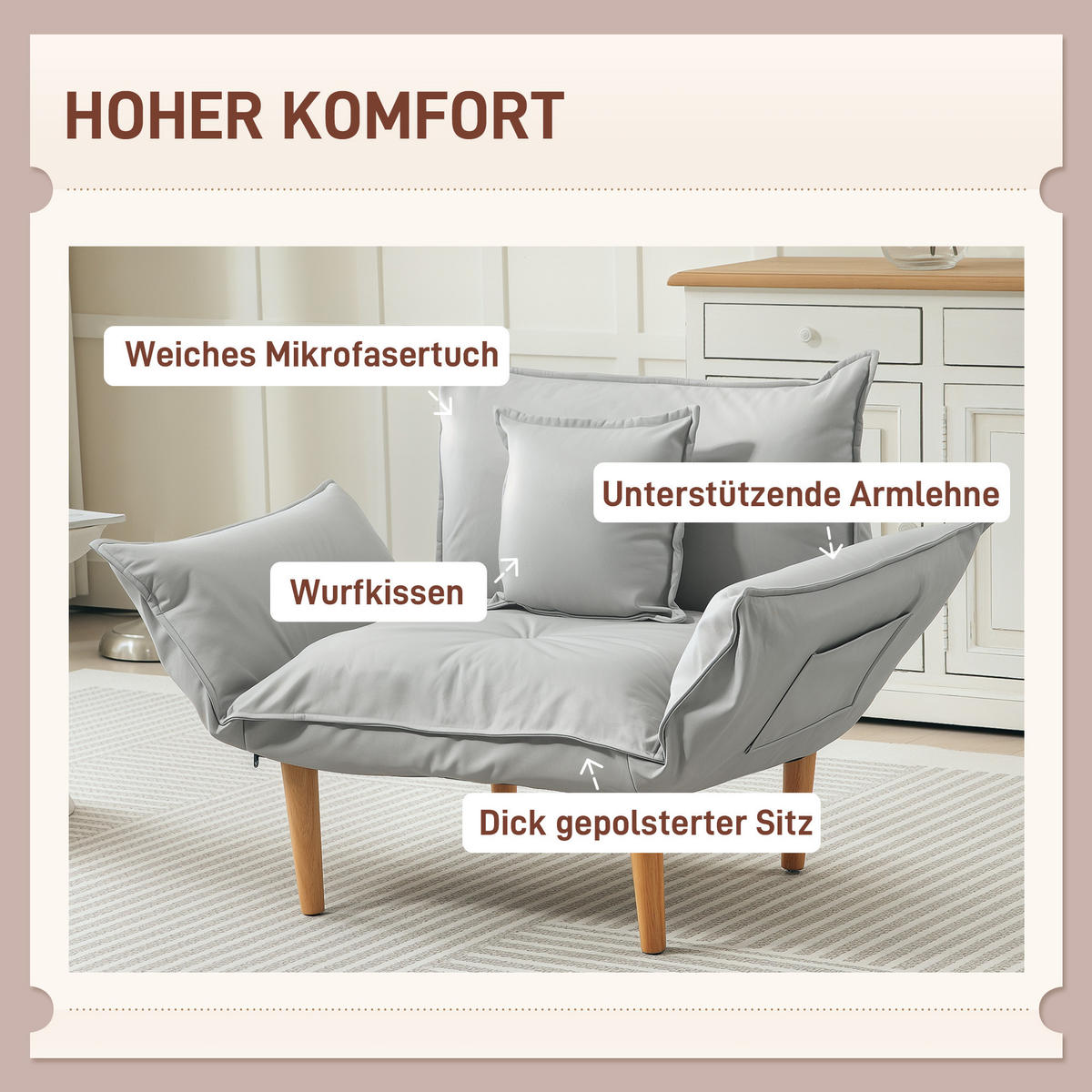 SESSEL 2-in-1, mit Kissen, Hellgrau - Hellgrau, Textil (75/78/68cm) - HOMCOM