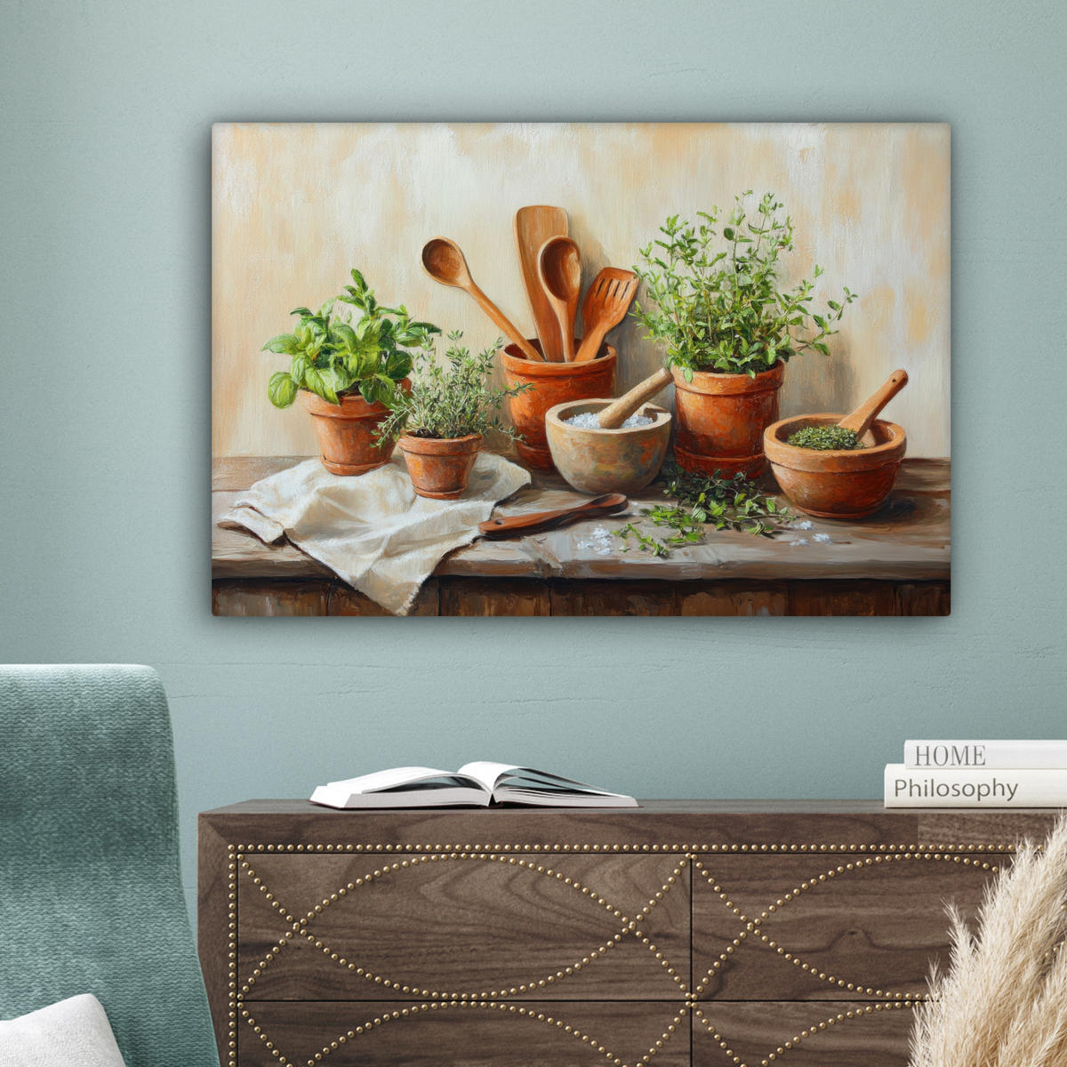 LEINWANDBILD Töpfe - Kräuter - Holz Wanddeko 90x60 cm - Terracotta, Textil (90/60cm) - MuchoWow