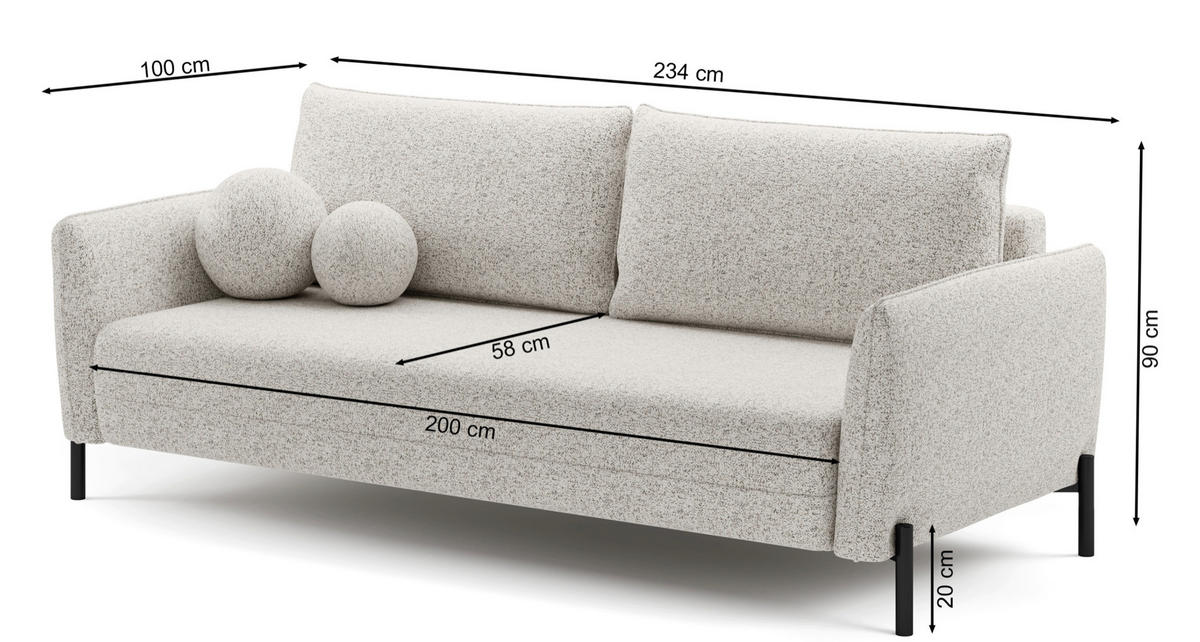 SOFA Veruco Cremeweiß mit Schlaffunktion - Creme/Schwarz, Textil/Metall (234/90/100cm) - Selsey