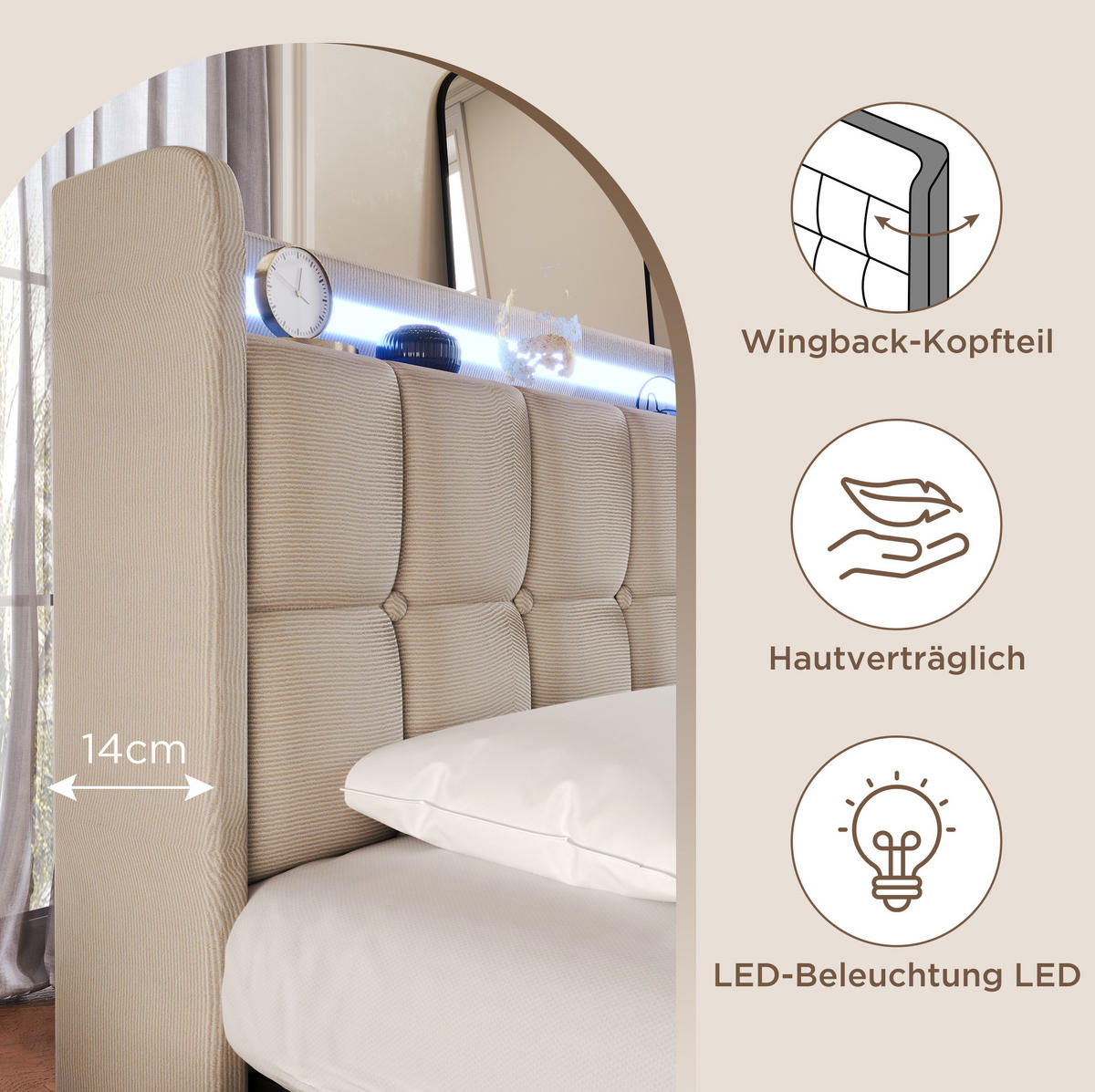 ČALOUNĚNÁ postel 180/200 cm s LED osvětlením, USB zásuvkami a 4 zásuvkami, Béžová - béžová, dřevo (180/180cm) - Redom