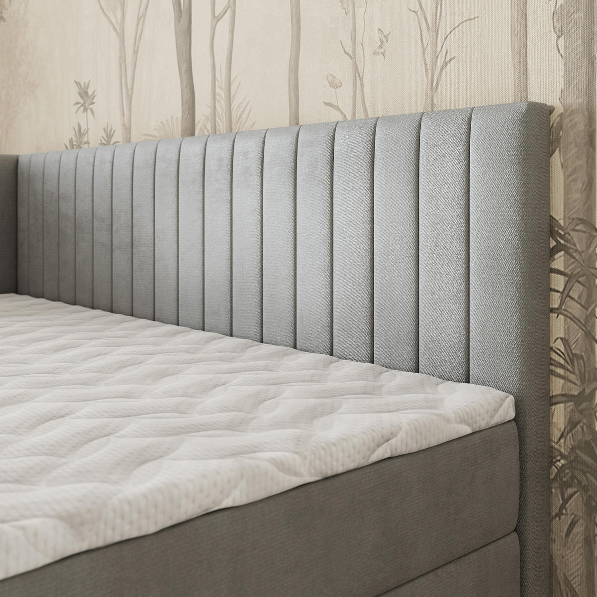 BOXBETT ARIS 90x200 cm mit Matratze und Topper, H2+H3 - Hellgrau - Hellgrau, Holz (90/200cm) - MASSENO