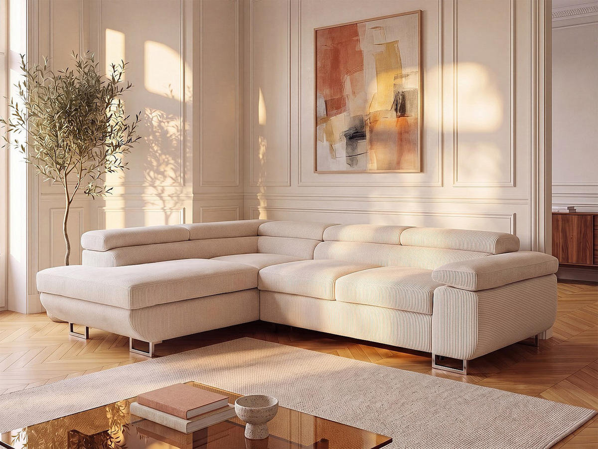 SCHLAFSOFA - 5 Personen - samt - beige Nurazio - Beige, Textil/Metall (268/70/202cm) - Vente-Unique