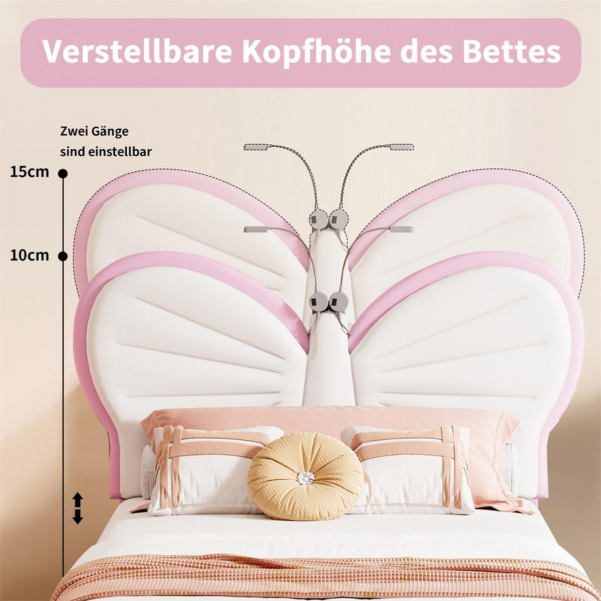 KINDERBETT 90x200 cm - Schmetterling-Design mit LED-Leseleuchten und verstellbarem Kopfteil - ohne Matratze - Weiß&Rosa - Pink, Holz (90/200cm) - DELFA