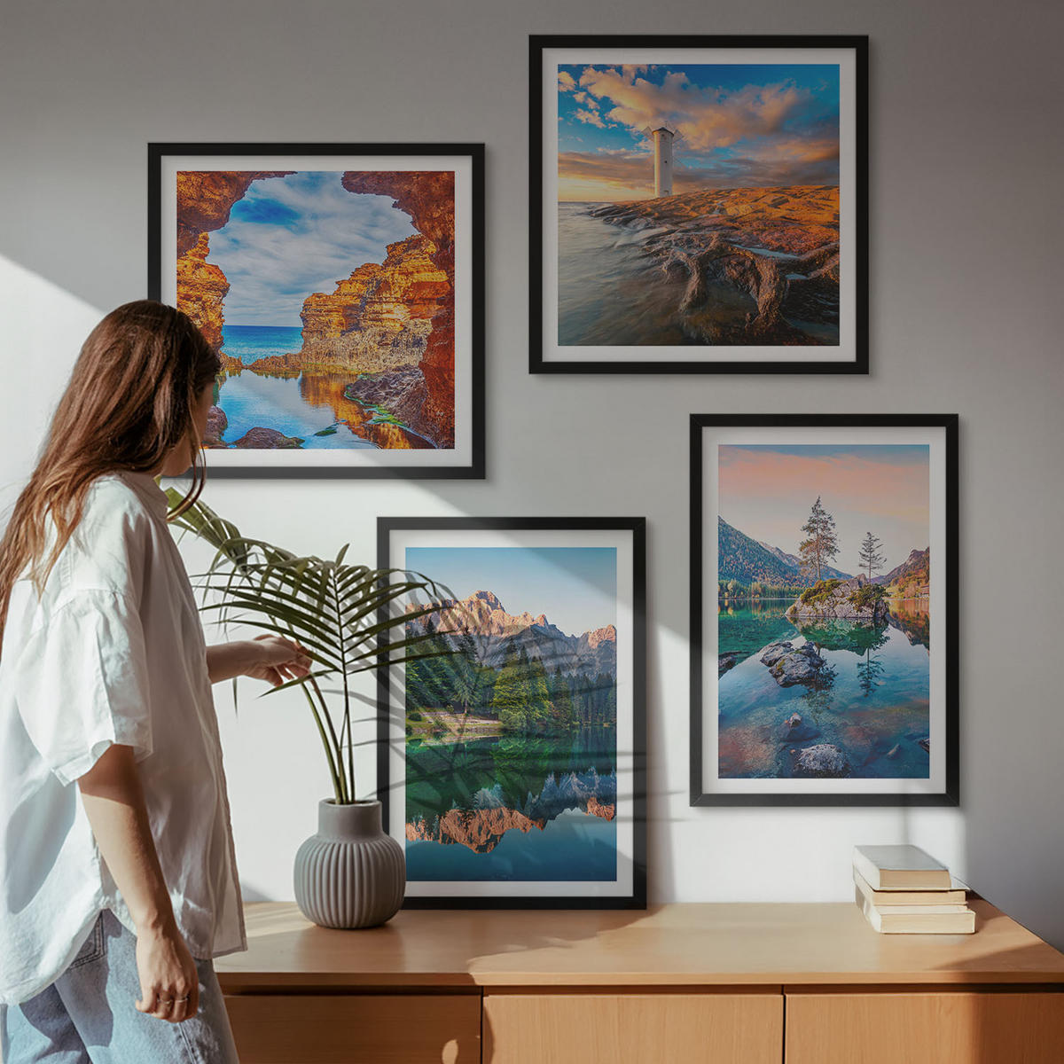 WANDBILDER 4er-Set - 50x50 cm & 40x60 cm Schwarzer Rahmen - Spiegelung der Felsen in Bergseen - Schwarz, Kunststoff (50/50cm) - ArtPrintCave