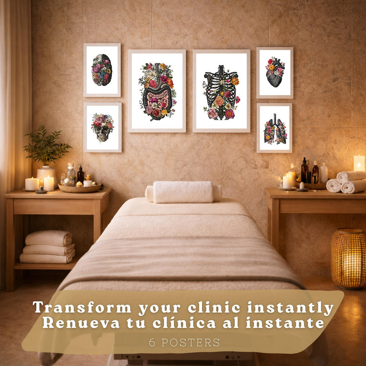 POSTER Set aus 6 Botanische Anatomie Drucke mit Herz Lungen Wirbelsäule Becken und Rippen Beige Terrakotta Erdtöne Florales Weißer Rahmen A3 & A4 - Weiß, Papier (21/29.7/3cm) - Nacnic