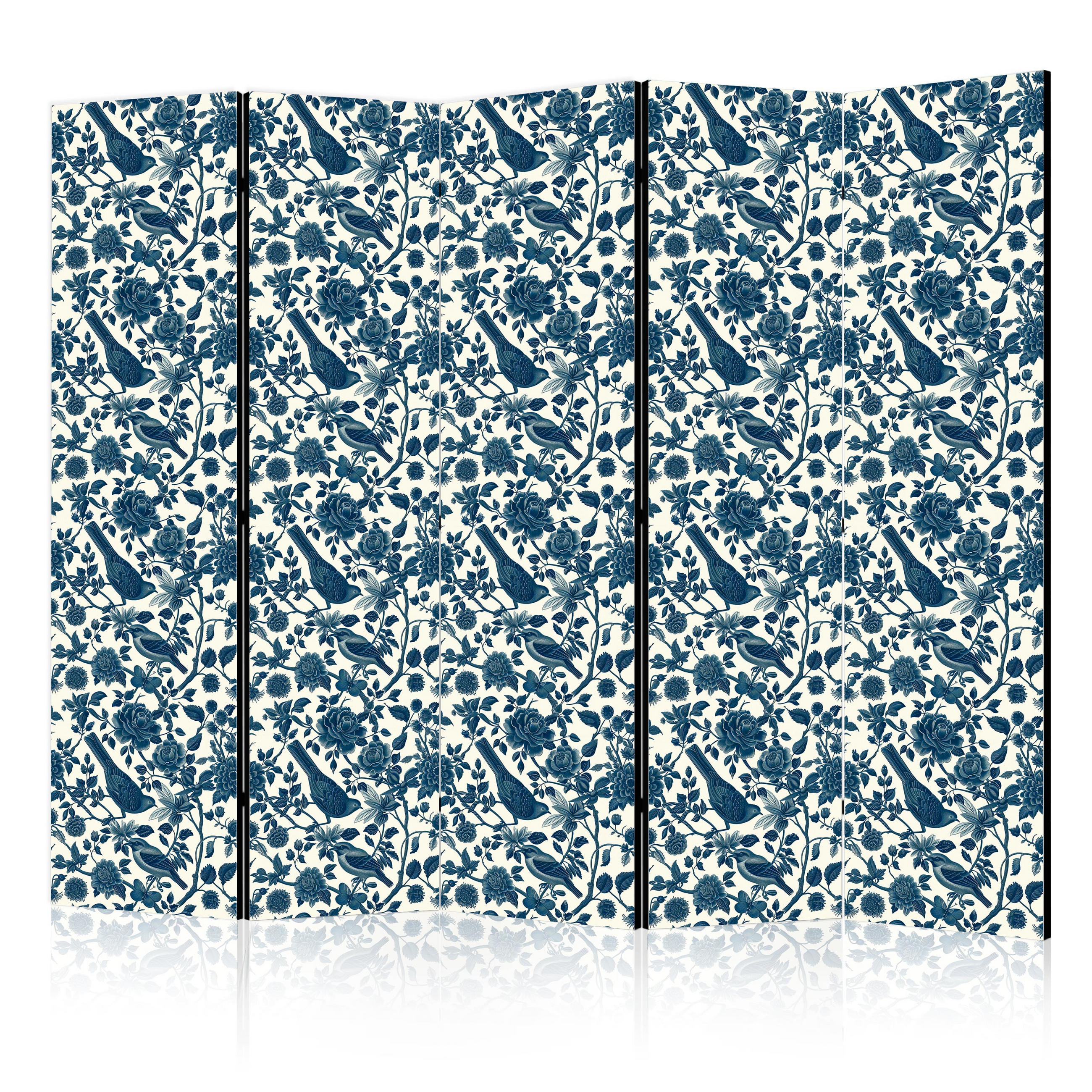 PARAVÁN Obojstranný 5-dielny 225x172 cm Vtáky a Ruže - modrá, drevo/textil (225/172/3cm) - Muralo