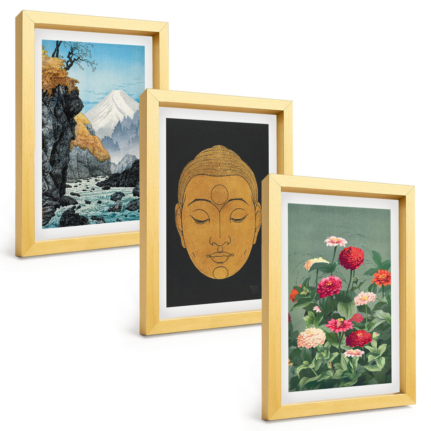 BILDER SET 3er Set - 20x30 cm Goldrahmen - Japanische Natur, Japandi-Kultur - Goldfarben, Kunststoff (20/30cm) - TULUP